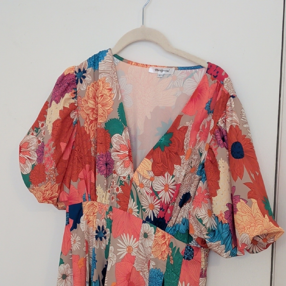 Floral V-Neck Dress with Puff Sleeves